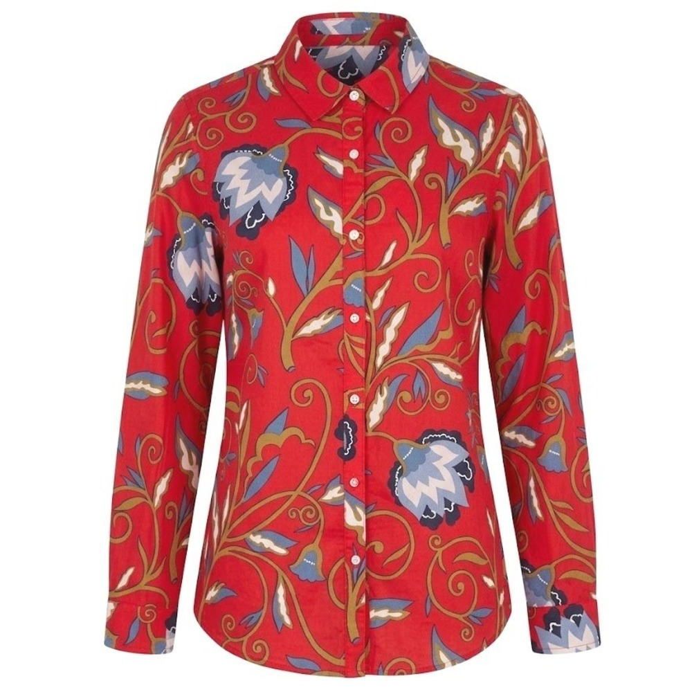 J. McLaughlin Red Floral Cotton Button Down Shirt Long Sleeve Size Large